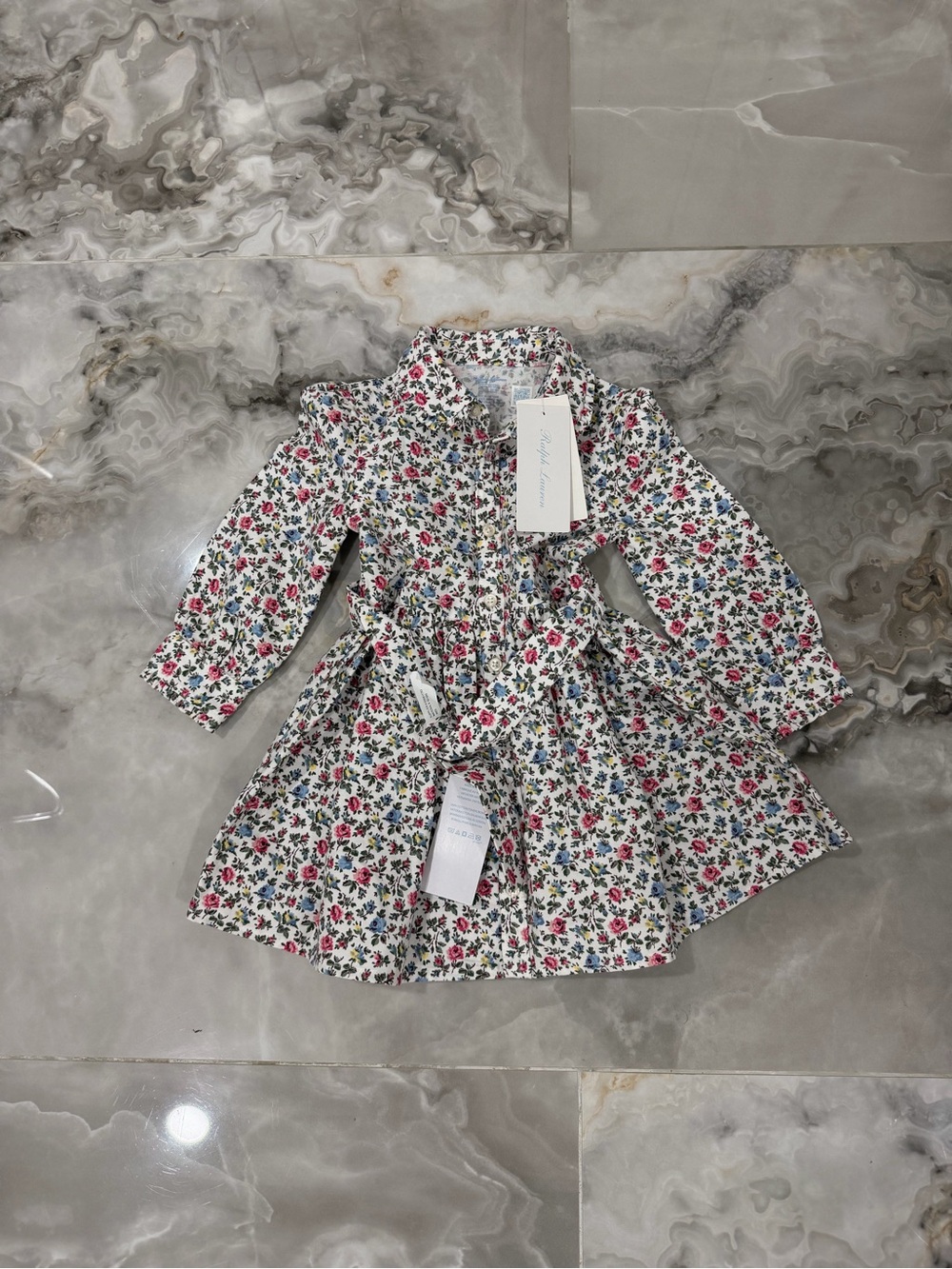 Ralph Lauren Girls Floral Button-Up Dress - White with Pink, Blue, Green